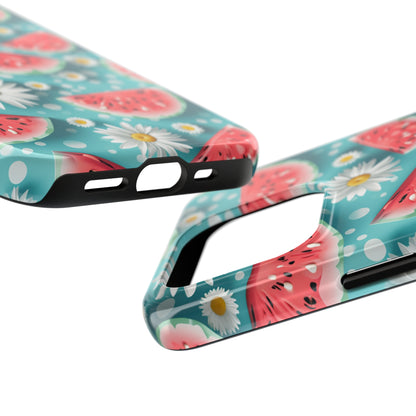 Watermelon Slices and Daisies Digital print Design Tough Phone Case compatible with a large variety of iPhone models, Gift, Phone Case