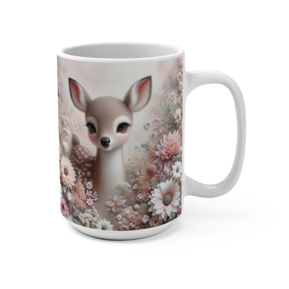 Whimsical Fawn Floral Mug, Cute Deer Coffee Cup, Pastel Flower Garden, Nature Inspired Tea Mug, Unique Gift for Animal Lovers