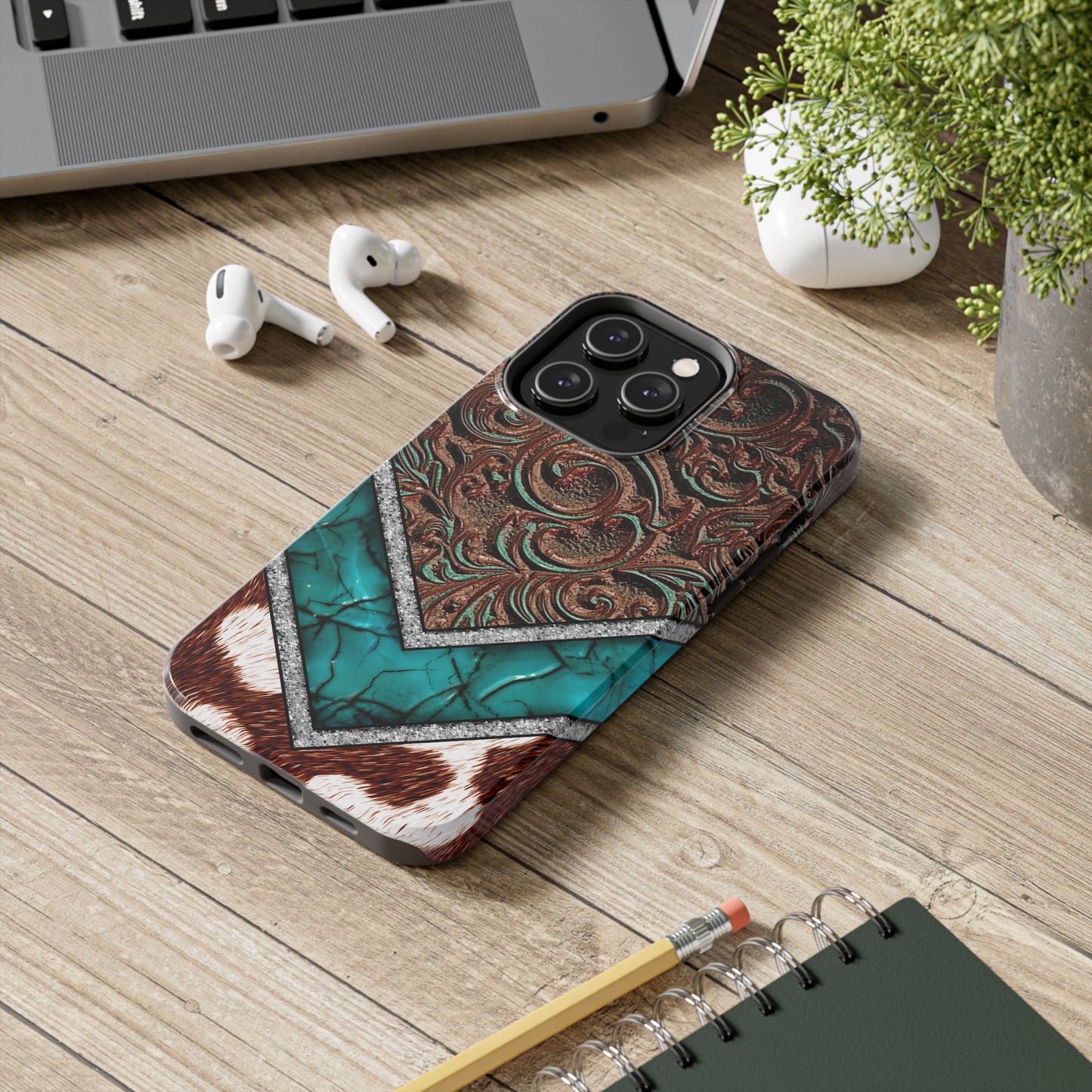 Western Cow Print, Faux Turquoise and Leather Digital print design Phone Case- Lightweight, Impact Resistant Cover for iPhone 6, 6s, 12, 13, 14, 15