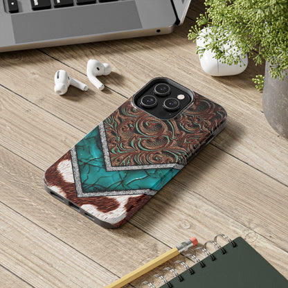 Western Cow Print, Faux Turquoise and Leather Digital print design Phone Case- Lightweight, Impact Resistant Cover for iPhone 6, 6s, 12, 13, 14, 15