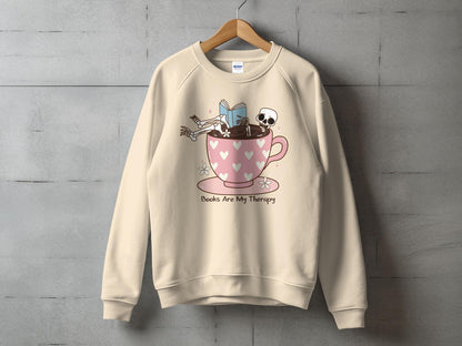 Skeleton Reading in Coffee Cup Sweatshirt, Cute Book Lover Graphic Pullover, Cozy Aesthetic Reader Apparel, Unisex Comfort Sweatshirt, Unisex Heavy Blend™ Crewneck Sweatshirt