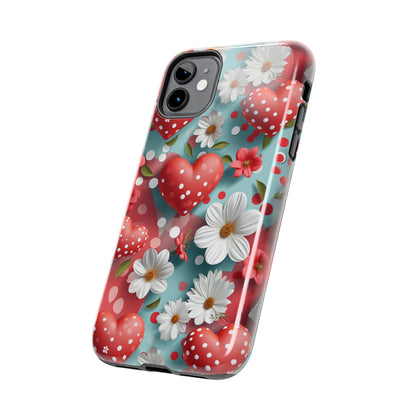 White Flowers Red Polka Dot Hearts Digital print Design Tough Phone Case compatible with a large variety of iPhone models, Gift, Phone Case