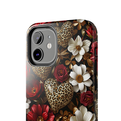 Red Gold Flowers Leopard Hearts Digital print Design Tough Phone Case compatible with a large variety of iPhone models, Gift, Phone Case