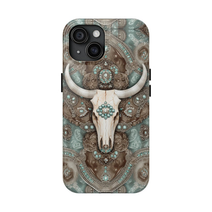 Western Cow Skull and Turquoise print design Phone Case- Lightweight, Impact Resistant Cover for iPhone 6, 6s, 12, 13, 14, 15