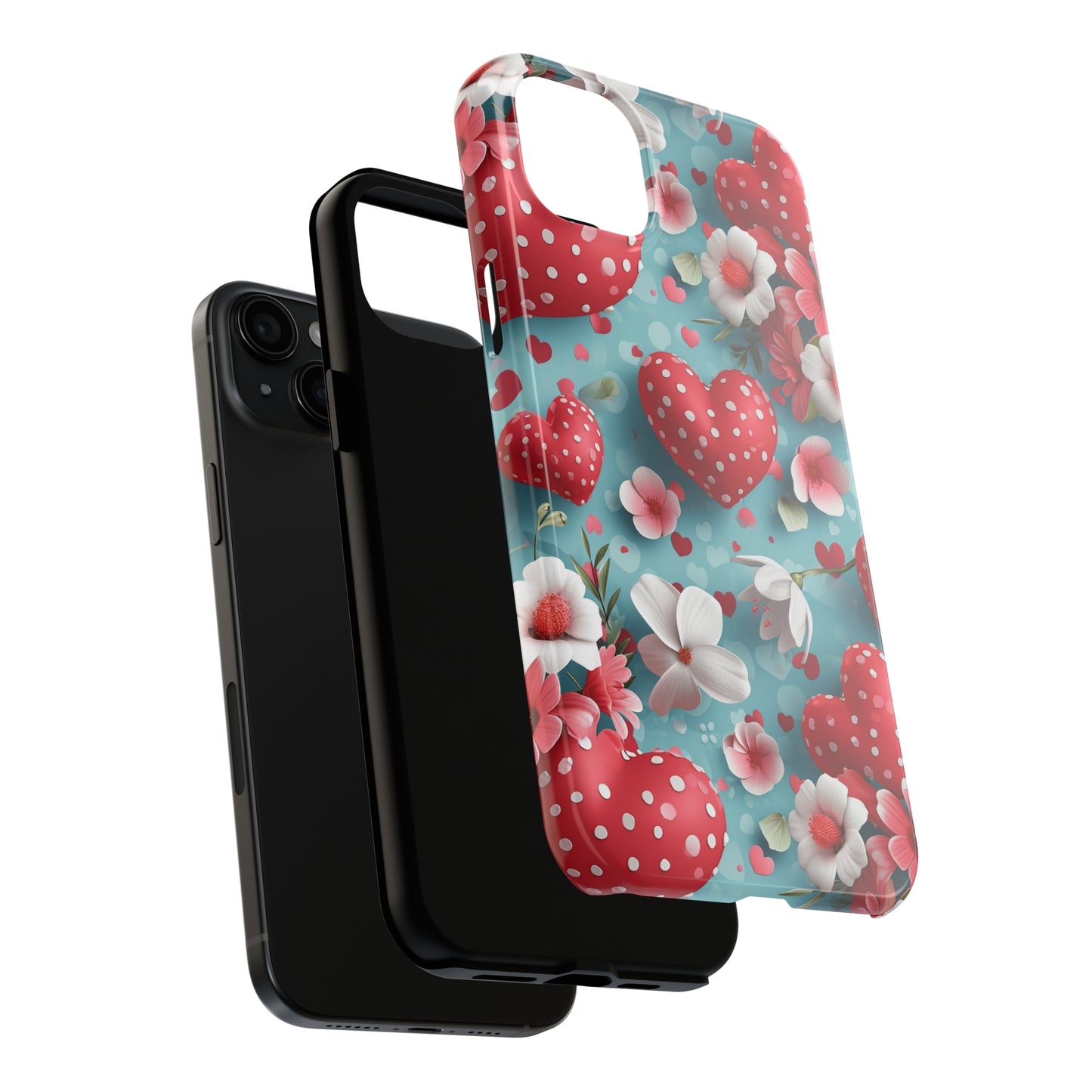 Pink White Flowers Red Hearts Digital print Design Tough Phone Case compatible with a large variety of iPhone models, Gift, Phone Case