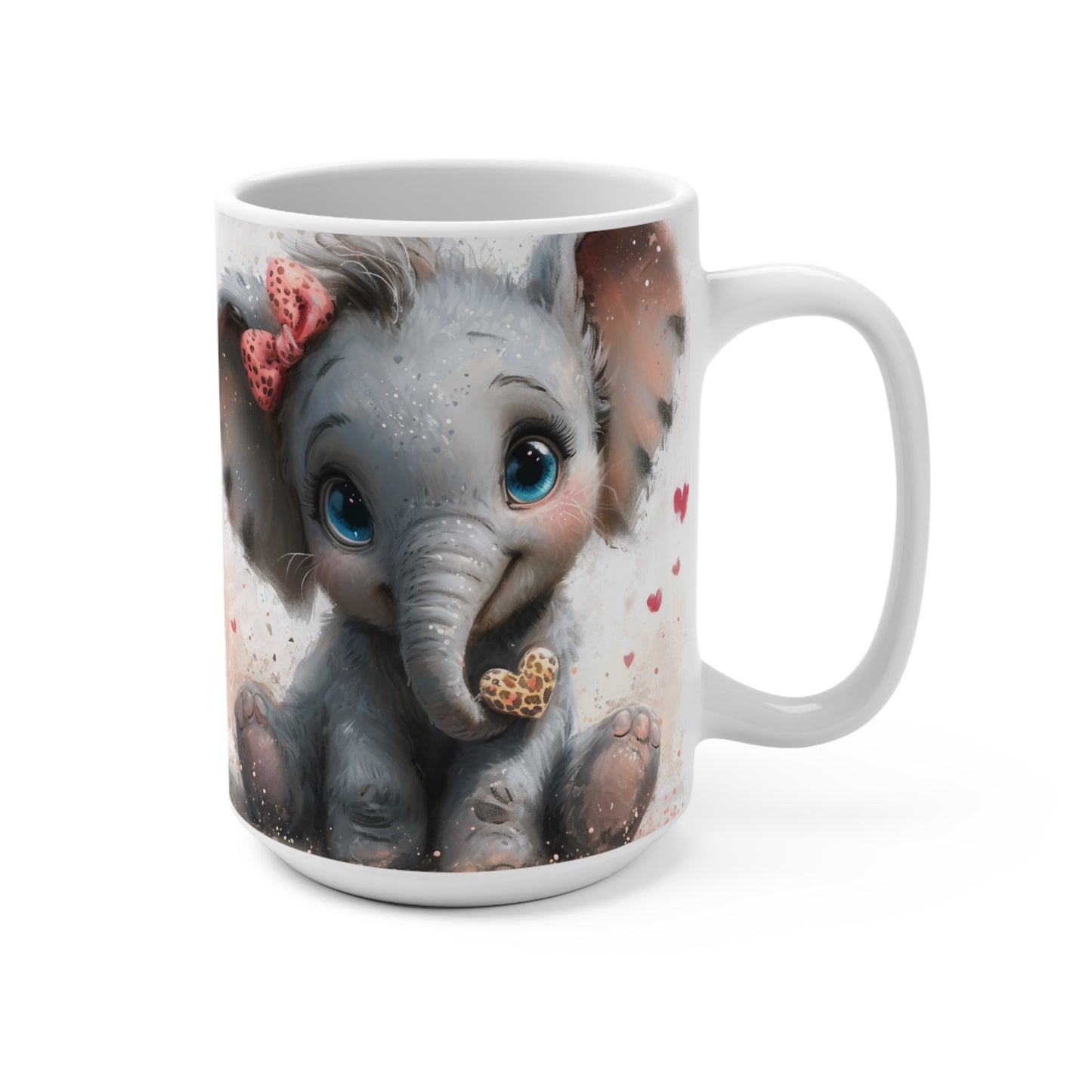 Adorable Baby Elephant Mug with Leopard Print Heart, Cute Animal Lover Coffee Cup, Pink Bow, Watercolor Art, Perfect Gift for Her, Mug 15oz