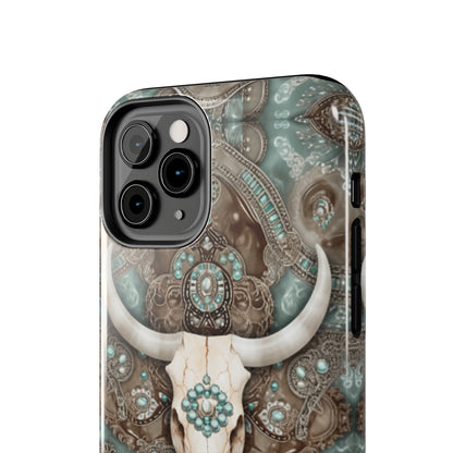 Western Cow Skull and Turquoise print design Phone Case- Lightweight, Impact Resistant Cover for iPhone 6, 6s, 12, 13, 14, 15