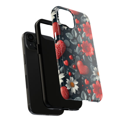 3D Flowers and Red Hearts Digital print Design Tough Phone Case compatible with a large variety of iPhone models, Gift, Phone Case