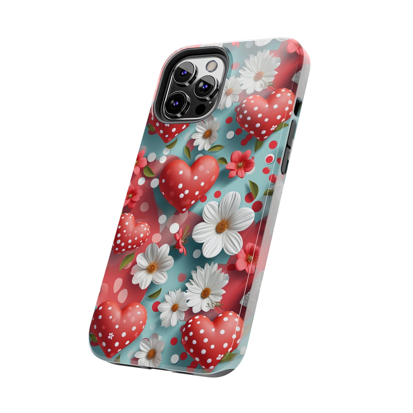 White Flowers Red Polka Dot Hearts Digital print Design Tough Phone Case compatible with a large variety of iPhone models, Gift, Phone Case