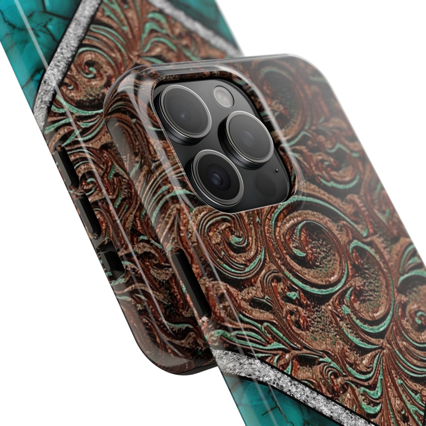 Western Cow Print, Faux Turquoise and Leather Digital print design Phone Case- Lightweight, Impact Resistant Cover for iPhone 6, 6s, 12, 13, 14, 15