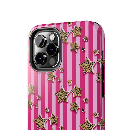 Girly Cheetah Stars and Pink Stripes Design Phone Case- Lightweight, Impact Resistant Cover for iPhone 6, 6s, 12, 13, 14, 15