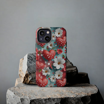 White Flowers Red Polka Dot Hearts Digital print Design Tough Phone Case compatible with a large variety of iPhone models, Gift, Phone Case