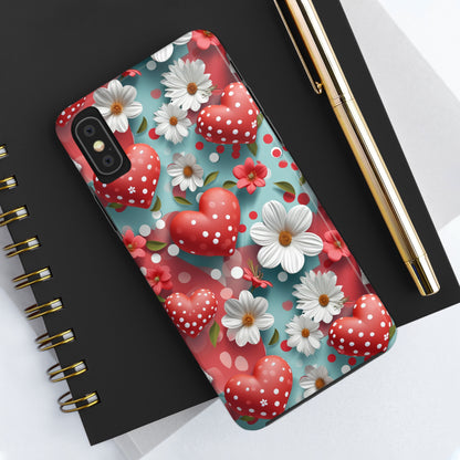 White Flowers Red Polka Dot Hearts Digital print Design Tough Phone Case compatible with a large variety of iPhone models, Gift, Phone Case