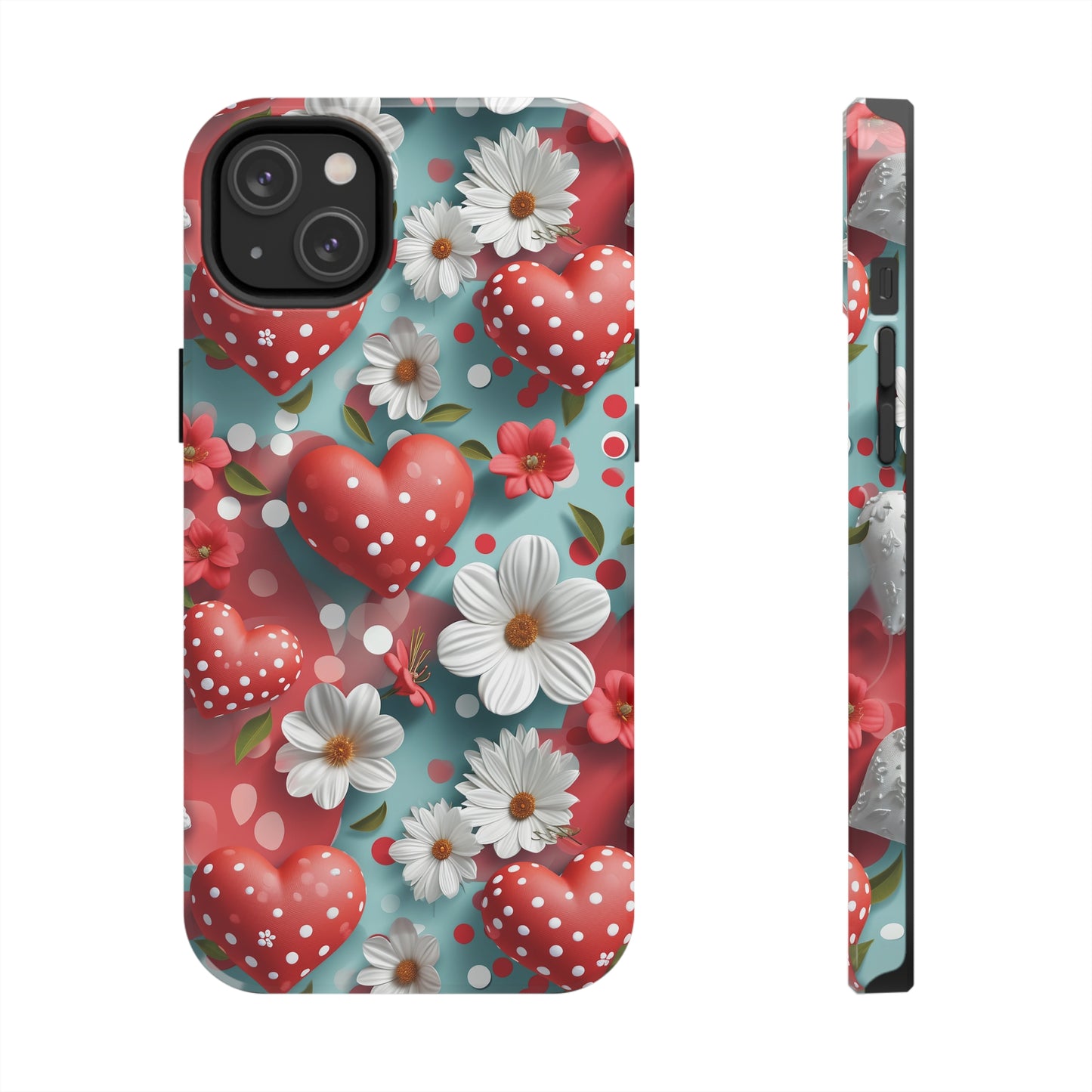 White Flowers Red Polka Dot Hearts Digital print Design Tough Phone Case compatible with a large variety of iPhone models, Gift, Phone Case