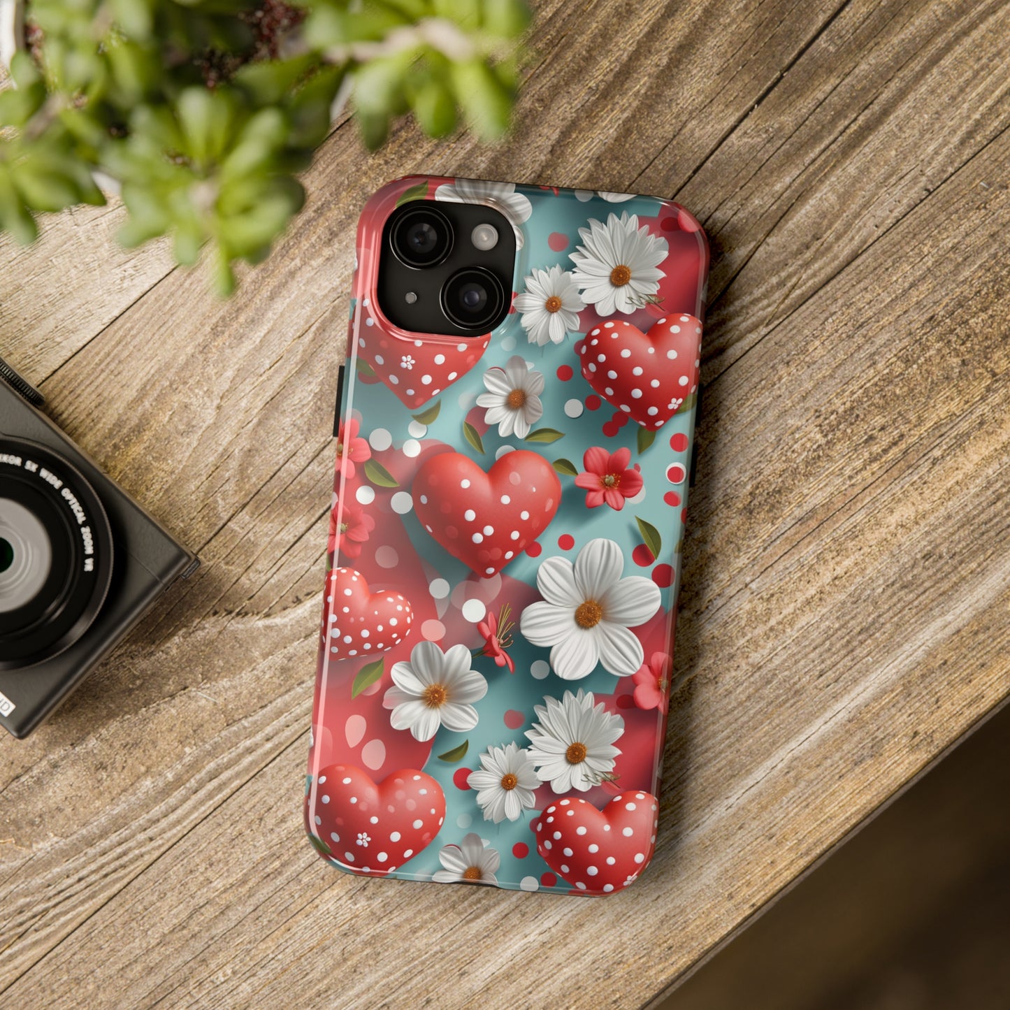 White Flowers Red Polka Dot Hearts Digital print Design Tough Phone Case compatible with a large variety of iPhone models, Gift, Phone Case