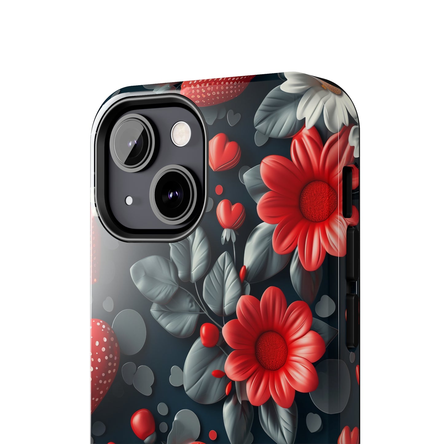 3D Flowers and Red Hearts Digital print Design Tough Phone Case compatible with a large variety of iPhone models, Gift, Phone Case