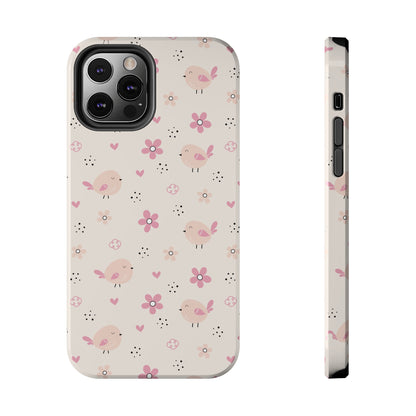 Cute Pink Birds and Flowers print design Tough Phone Case compatible with a large variety of iphone models