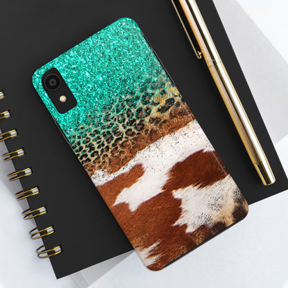 Western Cow Print, Teal, and Leopard print Design Phone Case- Lightweight, Impact Resistant Cover for iPhone 6, 6s, 12, 13, 14, 15