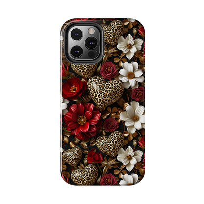 Red Gold Flowers Leopard Hearts Digital print Design Tough Phone Case compatible with a large variety of iPhone models, Gift, Phone Case