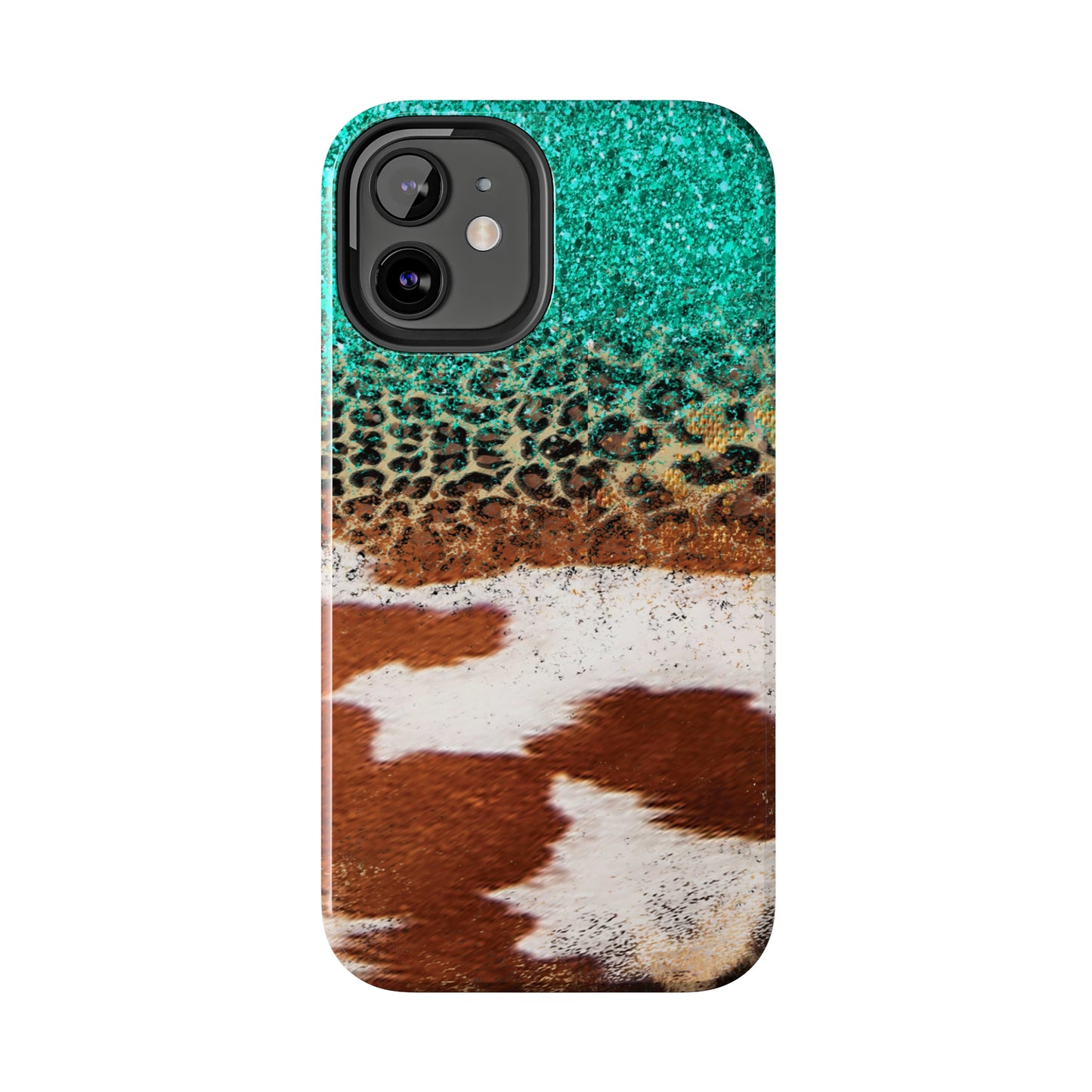 Western Cow Print, Teal, and Leopard print Design Phone Case- Lightweight, Impact Resistant Cover for iPhone 6, 6s, 12, 13, 14, 15