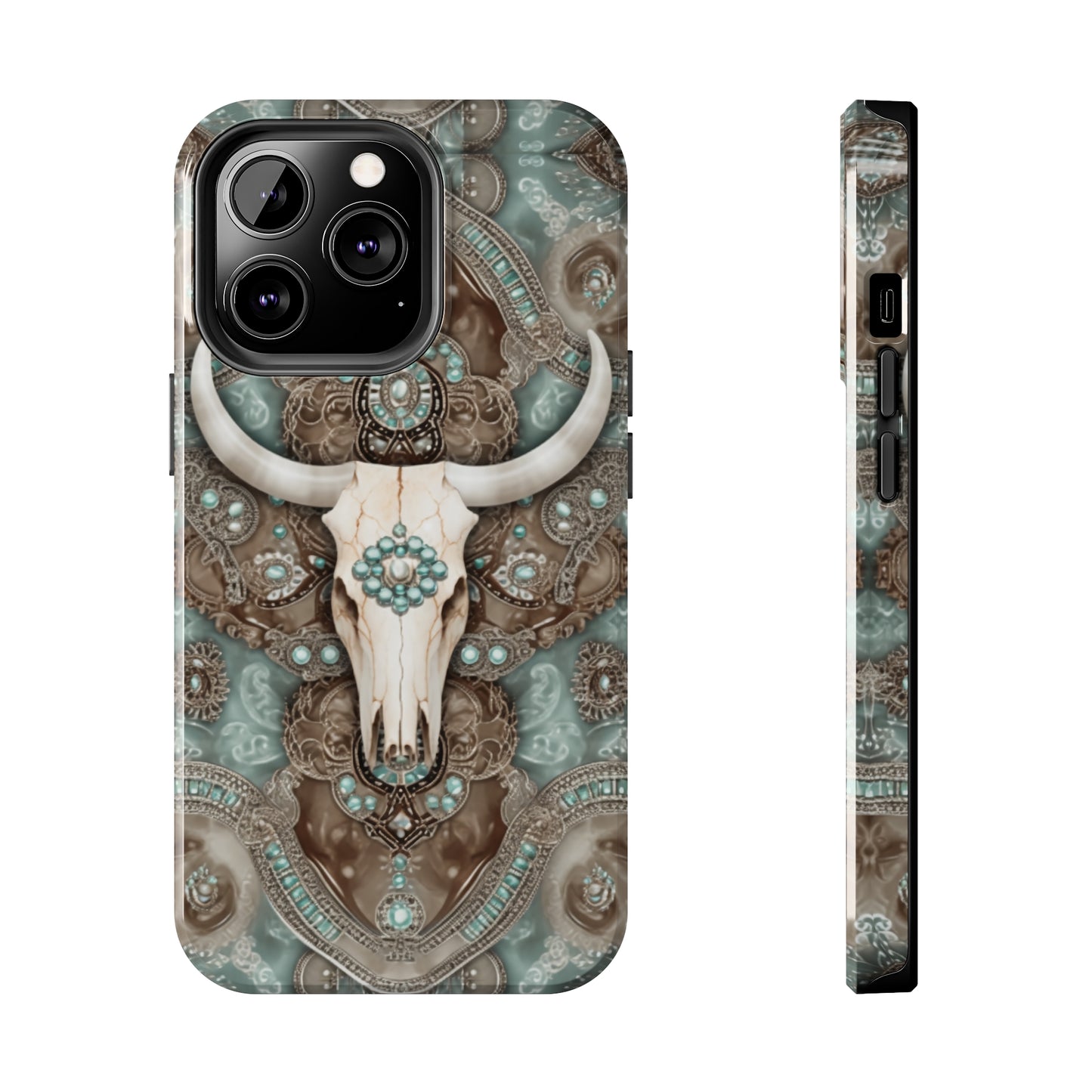 Western Cow Skull and Turquoise print design Phone Case- Lightweight, Impact Resistant Cover for iPhone 6, 6s, 12, 13, 14, 15