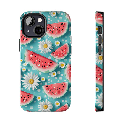 Watermelon Slices and Daisies Digital print Design Tough Phone Case compatible with a large variety of iPhone models, Gift, Phone Case