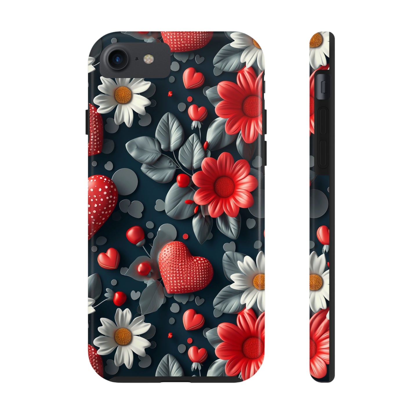 3D Flowers and Red Hearts Digital print Design Tough Phone Case compatible with a large variety of iPhone models, Gift, Phone Case