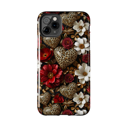 Red Gold Flowers Leopard Hearts Digital print Design Tough Phone Case compatible with a large variety of iPhone models, Gift, Phone Case