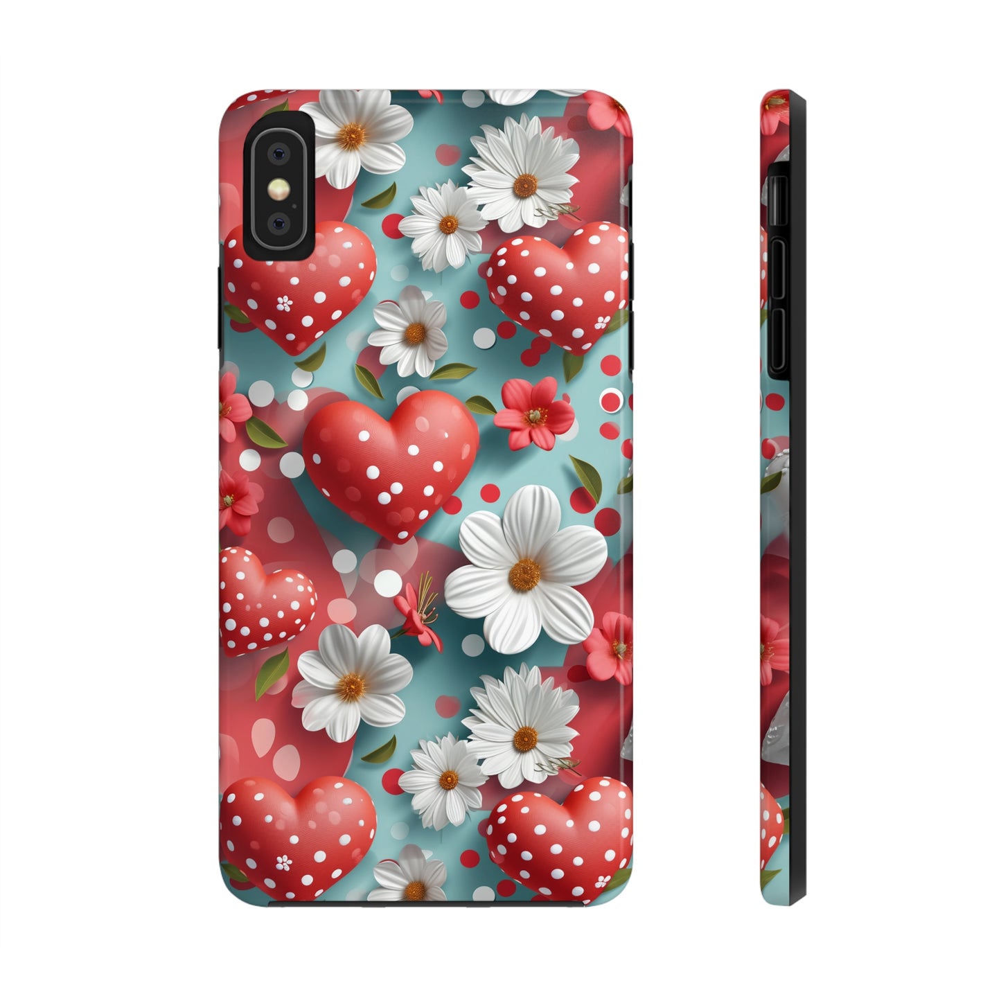 White Flowers Red Polka Dot Hearts Digital print Design Tough Phone Case compatible with a large variety of iPhone models, Gift, Phone Case