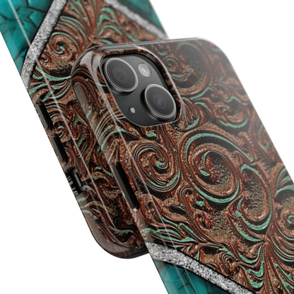 Western Cow Print, Faux Turquoise and Leather Digital print design Phone Case- Lightweight, Impact Resistant Cover for iPhone 6, 6s, 12, 13, 14, 15