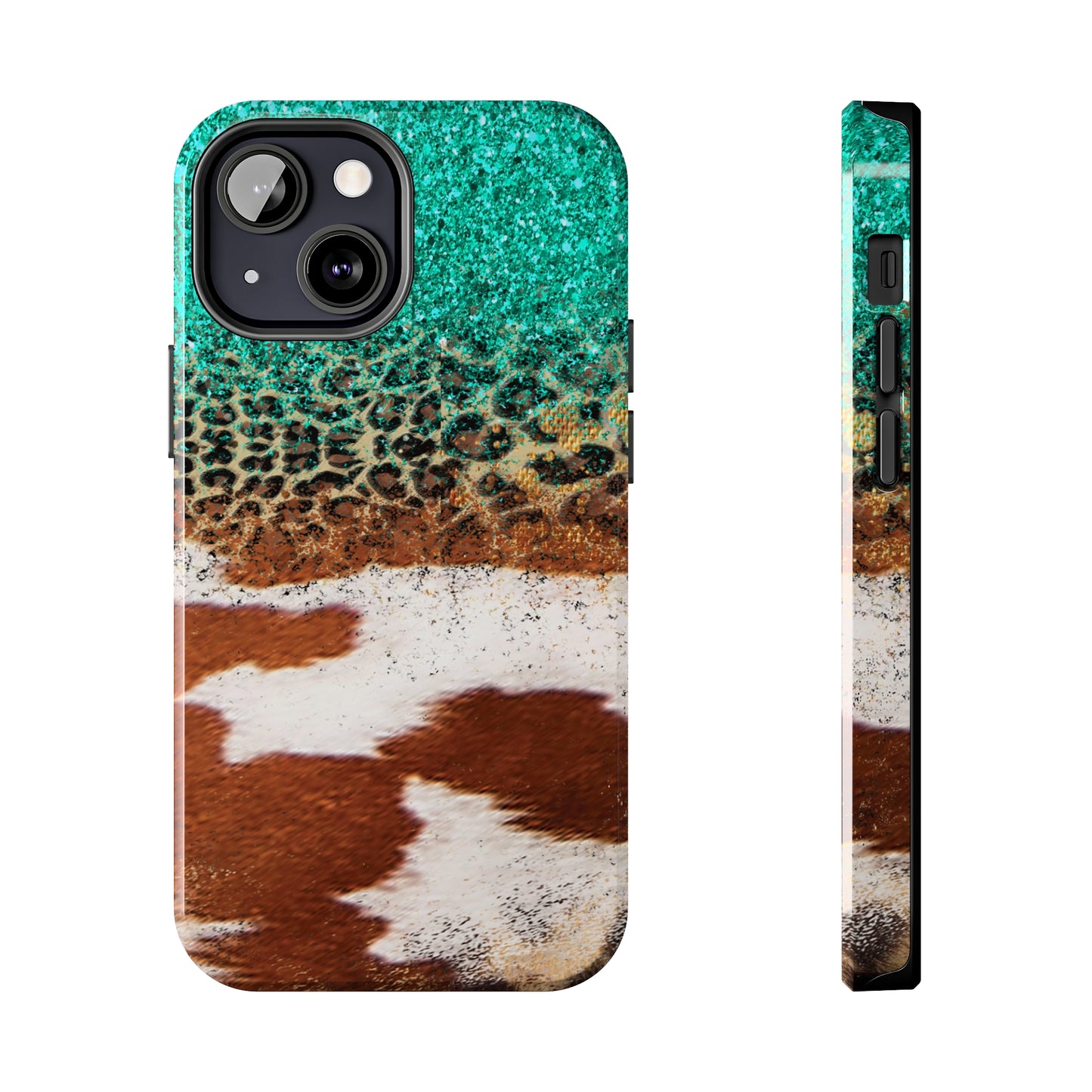 Western Cow Print, Teal, and Leopard print Design Phone Case- Lightweight, Impact Resistant Cover for iPhone 6, 6s, 12, 13, 14, 15