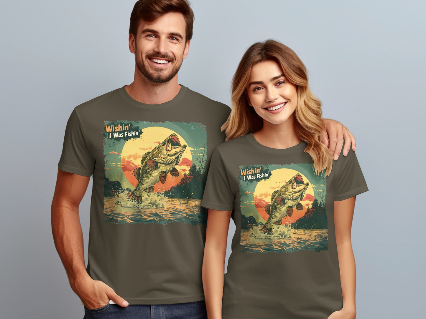 Vintage Fishing T-Shirt, Wishin' I Was Fishin' Graphic Tee, Outdoor Sunset Bass Fish Design