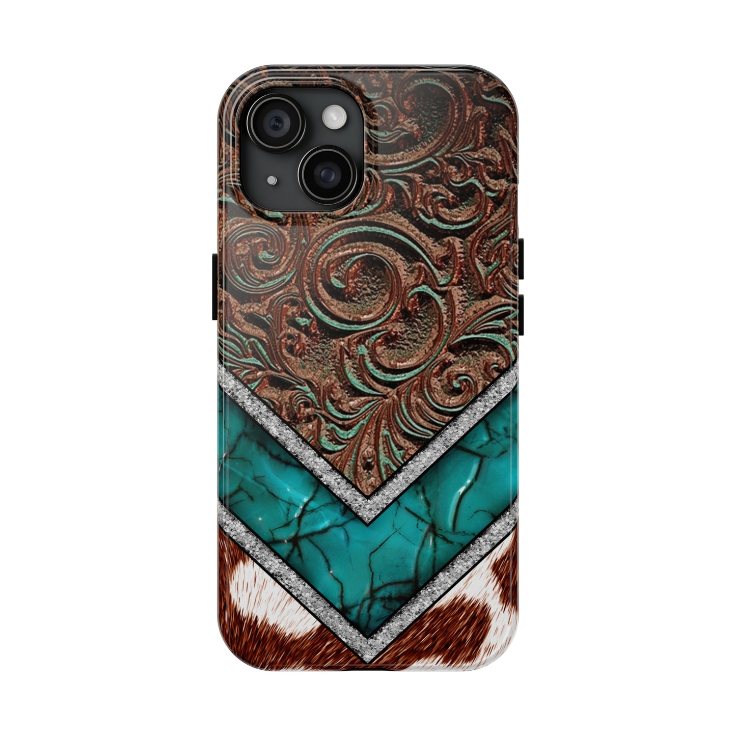 Western Cow Print, Faux Turquoise and Leather Digital print design Phone Case- Lightweight, Impact Resistant Cover for iPhone 6, 6s, 12, 13, 14, 15