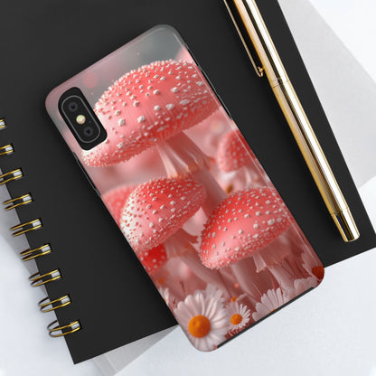 Whimsical Pink Mushrooms and Daisies Design Tough Phone Case compatible with a large variety of iPhone models, Gift, Phone Case