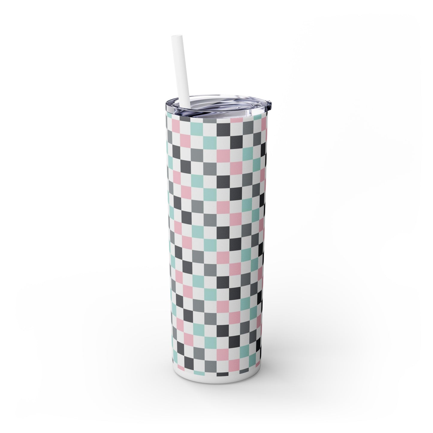 Multicolor Checkerboard Design Skinny Tumbler with Straw, 20oz