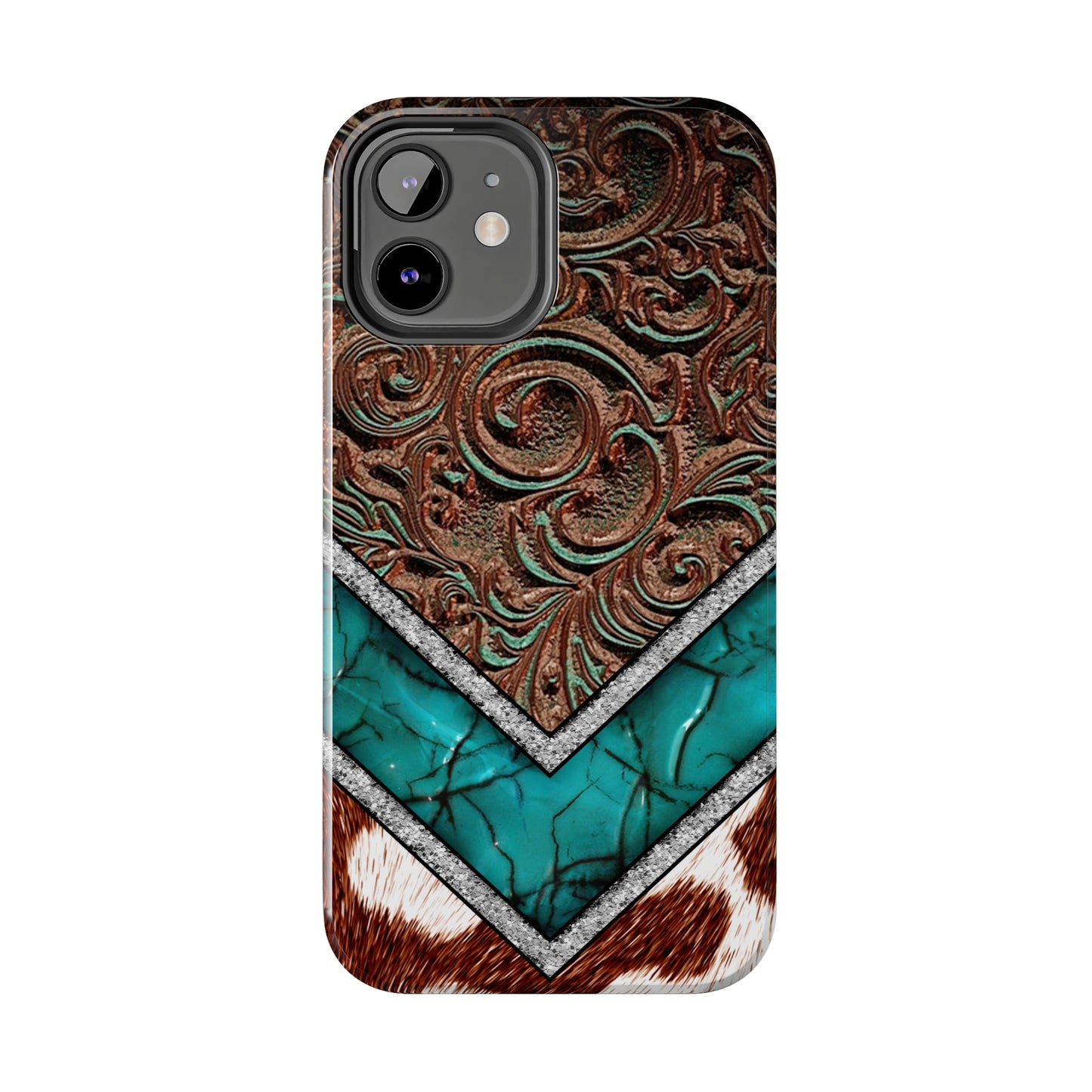 Western Cow Print, Faux Turquoise and Leather Digital print design Phone Case- Lightweight, Impact Resistant Cover for iPhone 6, 6s, 12, 13, 14, 15