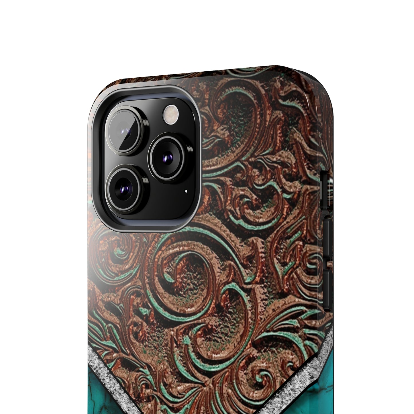 Western Cow Print, Faux Turquoise and Leather Digital print design Phone Case- Lightweight, Impact Resistant Cover for iPhone 6, 6s, 12, 13, 14, 15