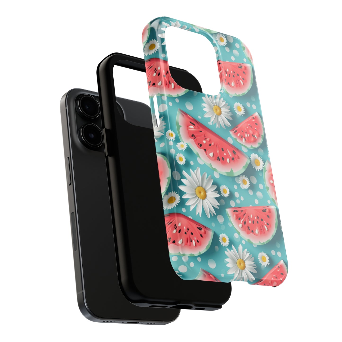 Watermelon Slices and Daisies Digital print Design Tough Phone Case compatible with a large variety of iPhone models, Gift, Phone Case