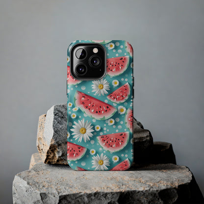 Watermelon Slices and Daisies Digital print Design Tough Phone Case compatible with a large variety of iPhone models, Gift, Phone Case