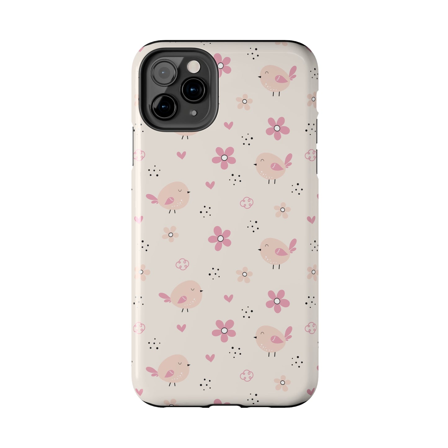 Cute Pink Birds and Flowers print design Tough Phone Case compatible with a large variety of iphone models