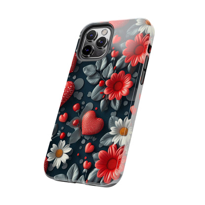 3D Flowers and Red Hearts Digital print Design Tough Phone Case compatible with a large variety of iPhone models, Gift, Phone Case