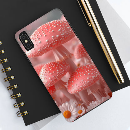 Whimsical Pink Mushrooms and Daisies Design Tough Phone Case compatible with a large variety of iPhone models, Gift, Phone Case