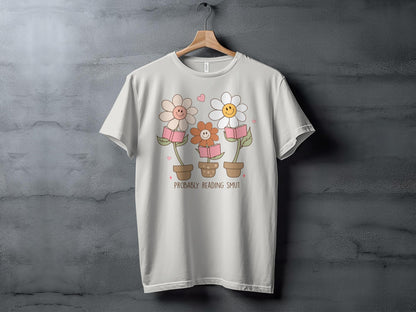 Whimsical Flower Pots Reading Smut Novel T-Shirt, Cute Book Lover Tee, Quirky Plant Illustration, Fun Casual Women's Clothing
