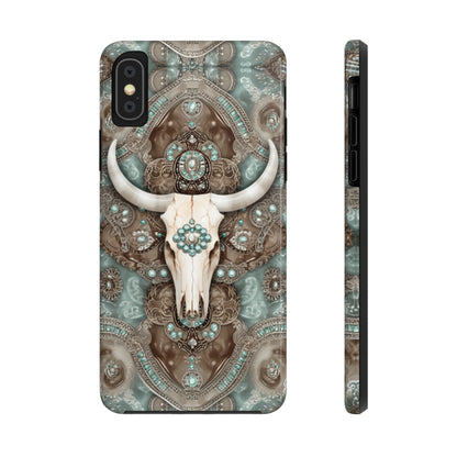 Western Cow Skull and Turquoise print design Phone Case- Lightweight, Impact Resistant Cover for iPhone 6, 6s, 12, 13, 14, 15