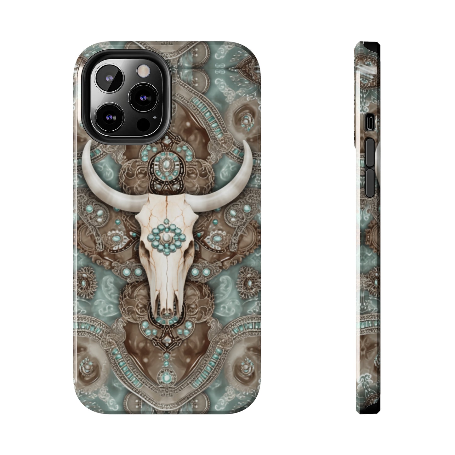 Western Cow Skull and Turquoise print design Phone Case- Lightweight, Impact Resistant Cover for iPhone 6, 6s, 12, 13, 14, 15