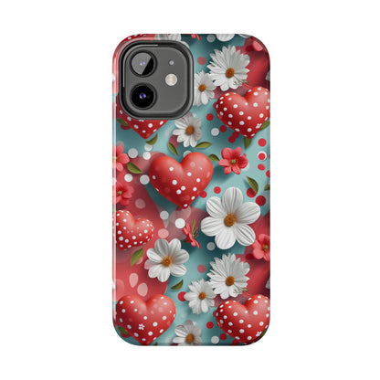 White Flowers Red Polka Dot Hearts Digital print Design Tough Phone Case compatible with a large variety of iPhone models, Gift, Phone Case