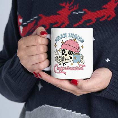 Funny Skull Coffee Mug, Mean Inside & Caffeinated Skull With Beanie, Quirky Office Mug, Unique Goth Skull Cup, Ceramic Mug, 11oz