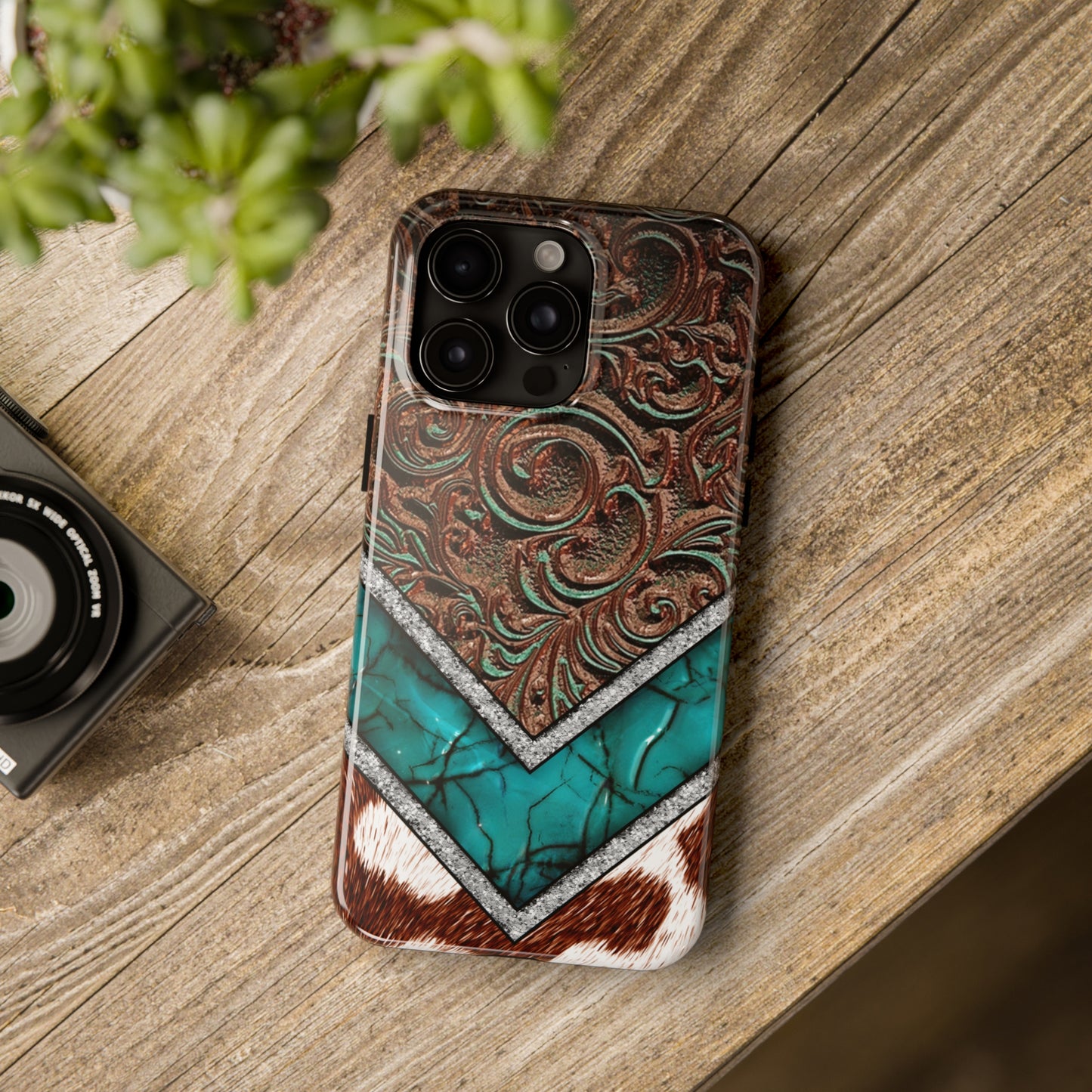 Western Cow Print, Faux Turquoise and Leather Digital print design Phone Case- Lightweight, Impact Resistant Cover for iPhone 6, 6s, 12, 13, 14, 15