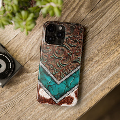 Western Cow Print, Faux Turquoise and Leather Digital print design Phone Case- Lightweight, Impact Resistant Cover for iPhone 6, 6s, 12, 13, 14, 15