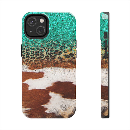 Western Cow Print, Teal, and Leopard print Design Phone Case- Lightweight, Impact Resistant Cover for iPhone 6, 6s, 12, 13, 14, 15